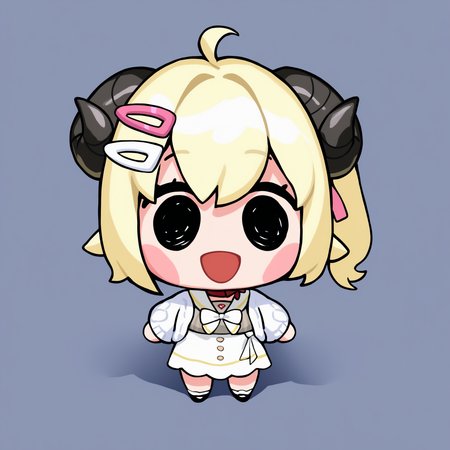 masterpiece, best quality, newest, chibi, full body, blush stickers, black eyes, solo, 1girl, WtmCasual, :d, standing, horns, blonde hair, ahoge, side ponytail, short hair, two-tone hairclip, yellow hairclip, pink hairclip, vertical-striped dress, grey dress, white skirt, high-waist skirt, white sailor collar, red choker, white bow, white cardigan, simple background
<segment:yolo-Anzhc Face seg 640 v3 y11n.pt,0.4,0.6//cid=11>