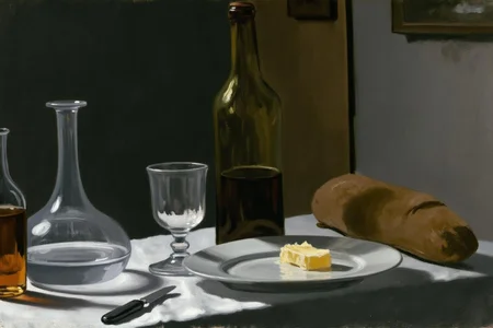 claudemonet1 painting. A cluttered table with a tall green wine bottle, a small white wine glass, a large clear glass decanter with a long neck, a baguette, and a white plate with a piece of butter and a small knife. <lora:claudemonet1_cap_d8a4e12:1.0><lora:843281034595379837:0>