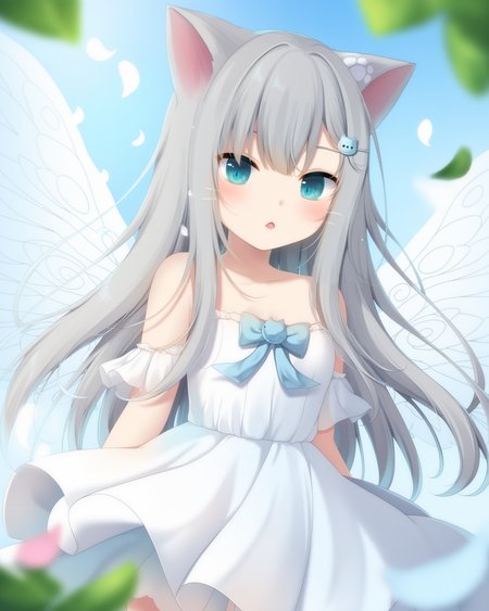 <lora:t-pony-Nya-K:0.85>,Best-A,amashiro_natsuki,Nachoneko_\(amashiro_natsuki\),
1girl, solo, animal_ears, grey_hair, long_hair, blue_eyes, cat_ears, looking_at_viewer, very_long_hair, hair_ornament, small_breasts, paw_in_eyes, breathtaking_effect, falling_petals, falling_feathers, beautiful_landscape, angelic_catgirl, detailed_wings, cute, [detailed_view|close-up|wide_angle_view], intricate_details, lush_forest_background, sunlight_filtering_through_trees, gentle_breeze_moving_petals, serene_river_in_background, soft_light_glow, ethereal_wings, delicate_feathers, adorable_expression