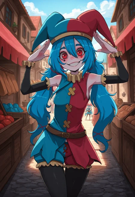 1girl, pippipanini, permanent makeup, blue hair, long hair, red eyes, jester, twintail, smile, fun, town, market, shorts, jester hat, jester, permanent makeup, black sleeves, detached sleeves, pantyhose,