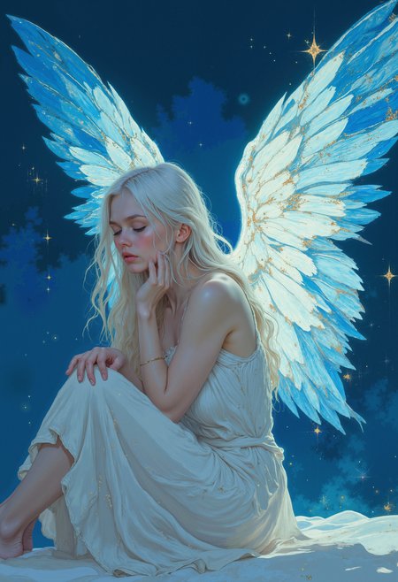 A woman in a white dress with long soft white hair sits hugging her knees. Her body is surrounded by two huge translucent wings, which are a bright light blue color with smooth transitions to white. The wings are detailed with fine feathers and glow with flecks of stars, some of which exude a golden light like small streams of stardust. The figure's skin is pale and the face is hidden due to the angle and wings. The scene is incredibly ephemeral and reminiscent of a dream, conveying a mood of loneliness and peace. The lighting is soft, with the main source of light being the glow of the wings. The overall atmosphere is magical, calm and celestial, with a deep blue background emphasizing the contrast of the glowing wings and stardust.  <lora:FLUX-daubrez-DB4RZ:0.83> DB4RZ, DB4RZ style painting, <lora:ILLUSTRATION_2_FLUX v2:0.53> <lora:Fantastic Realism - s0_8 g4:0.43> f4nt4st1c,