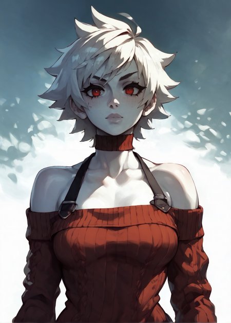 white skins, spiky red short tomboy hair, neutral expression, tight sweater, <lora:NAHIRI:1> nahiri, 1girl, solo, short hair, breasts, bare shoulders, white hair, colored skin,  <lora:RD-MAnon-XLV1.1:1>  female,, source_anime, score_9_up,  score_7_up, score_8_up