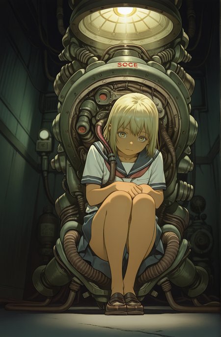 1girl,blonde hair,serafuku,perspective,looking at viewer, close-up,tan skin,
tatsuyuki ,dark room, (too much obselete machine:1.3) 
full of pipes,machine, searchlights, (Bionic animal in shadow:1.2),Curled up in the corner
<lora:Perfect Hands:1>  <lora:Tatsuyuki:0.9> <lora:add-detail-xl:1><lora:age_slider_v4:-3>, score_9, score_8_up, score_7_up, score_6_up, score_5_up, score_4_up,zPDXL