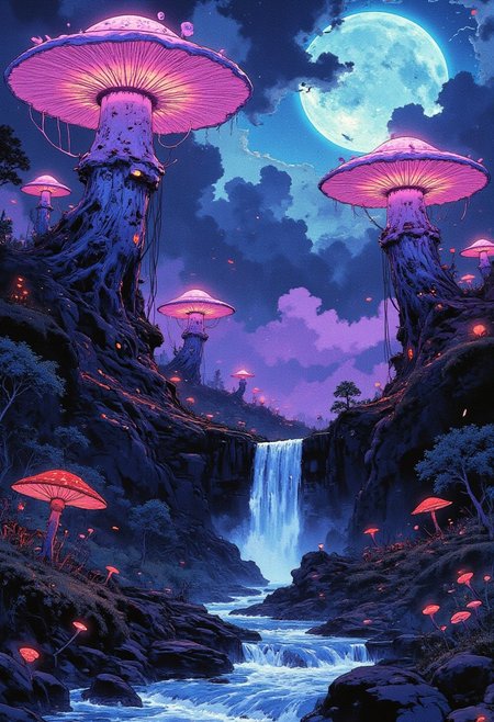 A surreal, otherworldly fantasy landscape featuring gigantic glowing mushrooms with luminous purple caps towering over misty mountains. The sky is dark and filled with swirling, mystical clouds illuminated by an eerie bluish glow, creating an ethereal, dreamlike atmosphere. A winding, crystal-clear river with cascading waterfalls flows through a lush, shadowy forest, reflecting the purple and blue hues from the sky. The terrain is rocky with scattered moss and small fungi, adding intricate details. The scene has a magical, bioluminescent vibe with an alien-like ambiance, emphasizing vibrant neon purples, blues, and subtle highlights. Highly detailed, atmospheric lighting, and cinematic fantasy style