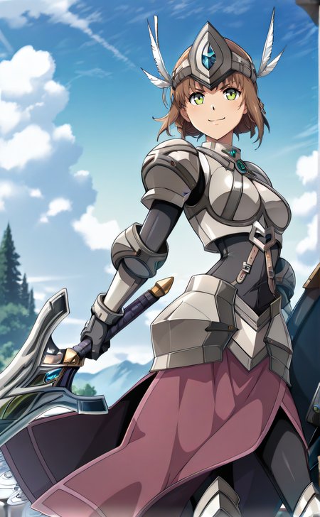masterpiece, best quality, highres, newest, 1girl, solo, official style, anime screencap, <lora:IL_Duvalie:1>, duvalie, green eyes, brown hair, visor (armor), valkyrie, armored dress, shield, holding sword, armored boots, looking at viewer, smile, outdoor, cowboy shot