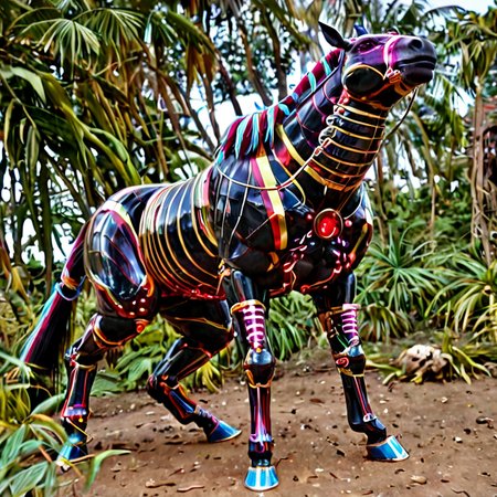 Alien horse hybrid with bioluminescent markings in a dense jungle of metallic trees"
Picture a sleek, otherworldly creature blending elements of horse and alien physiology, glowing in the dark while surrounded by towering, metallic flora.