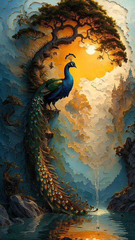 romantic art, low angle, This fantastical painting depicts a single peacock drinking water from a tranquil lake at sunset with clouds casting shadows across the sky. The setting sun bathes the scene in a warm golden light creating an ethereal atmosphere. The peacock's feathers are painted with incredible detail each individual scale visible under the artist's skilled hand. The clouds in the background are depicted in a gradient of colors from soft yellow and oranges to deep blues and gold adding to the dreamlike quality of the scene. The overall style is reminiscent of fantasy art with a focus on intricate details and a sense of wonder. The image is a true masterpiece showcasing the artist's exceptional skill in capturing the beauty and majesty of nature in a surreal and imaginative way. pastel colors, 
<lora:Paul_Signac_Neo-Impressionist_dotted_paintings_Pointillism:1> ah_signac  <lora:TQ_-__Kids_Storybook_Illustrations_XL-000006:0.2>  <lora:artfullyTREETTREET_SDXL_V1:1.2> Arttrttrt