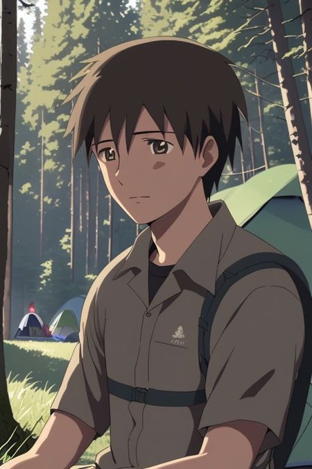 high resolution, solo, best quality, 1Boy, Takaki Toono, Brownish Hair, Brown Eyes, forest, camping, OverallDetail
