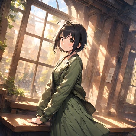 (masterpiece),(best quality),(ultra-detailed),(best illustration),(best shadow),(absurdres),(detailed background),(very aesthetic),  miho kohinata, 1girl, ahoge, short hair, black hair, solo, brown eyes, jacket, dress, window, long sleeves, bangs, from side, green dress<lora:Miho_Kohinata:1>