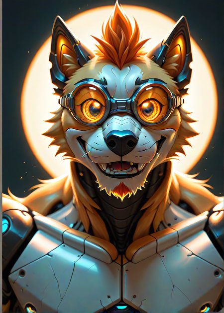 score_9, score_8_up, score_7_up,  cybernetic robot panda wearing goggles, warm neon volumetric lighting, ray tracing, cool colored portal in the background,gentle happy smile,  <lora:Happy_World:0.4>,