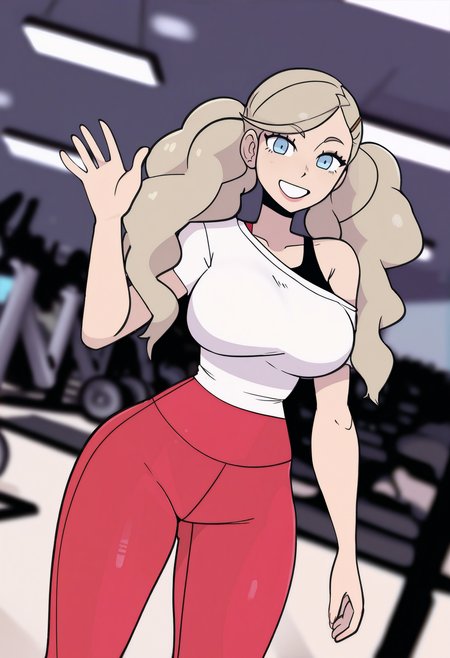 1girl, solo, takamaki anne, off shoulder, red pants, yoga pants, white shirt, gym, large breasts, narrow waist, waving, looking at viewer, smile, dutch angle, 
masterpiece, best quality, <lora:gats-guy90-Illust-Lycorisv1:1>, ssttaagg