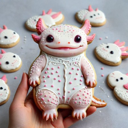 <lora:lora:1>cookie art design,  <lora:Axomodelv2.1:1> simple cookie art,  delicious cute axolotl  cookies  with icing, flat cookies, cookies with cute design  <lora:add-detail-xl:1>