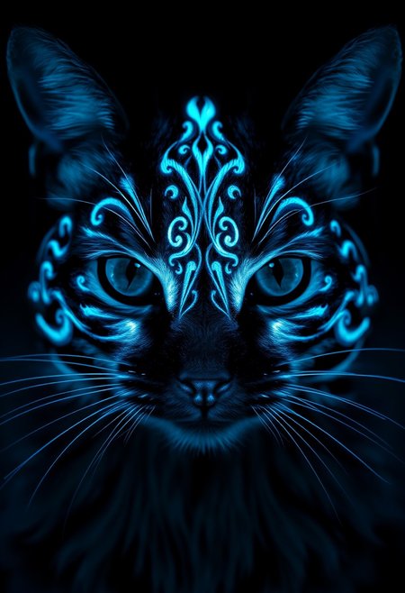 In a mesmerizing, hyper-realistic image, a cat's face is rendered in exquisite detail, with glow-in-the-dark face paint applied in a intricate, swirling pattern. The paint glows with an intense, ethereal light, illuminating the surrounding fur and casting an otherworldly glow on the cat's whiskers and nose. The cat's eyes seem to gleam with a mischievous spark, as if it's aware of the magical aura surrounding its face. The glow-in-the-dark paint is rendered in precise, photorealistic detail, with subtle texture and shading that creates a sense of depth and dimensionality. The surrounding darkness is pitch black, making the glowing paint seem even more vibrant and intense, as if the cat's face is radiating an inner light. Highest-Quality, 4k, intricate details, visually stunning, Masterpiece
