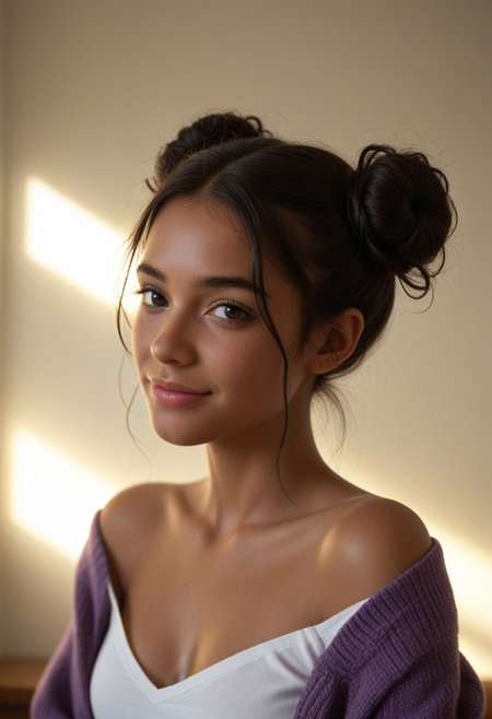 score_9_up, score_8_up, score_7_up, score_6_up, 1girl, 25 years old, perfect face, (adult), sexy, 
detailed face, portrait, face focus, depth of field, looking at viewer, blush, shy smile, close up, 
dark eyes, black hair, African, (dark skin:1.2), hair bun, double bun, messy hair,
white shirt, purple cardigan, off shoulder, 
sunlight, warm lighting,