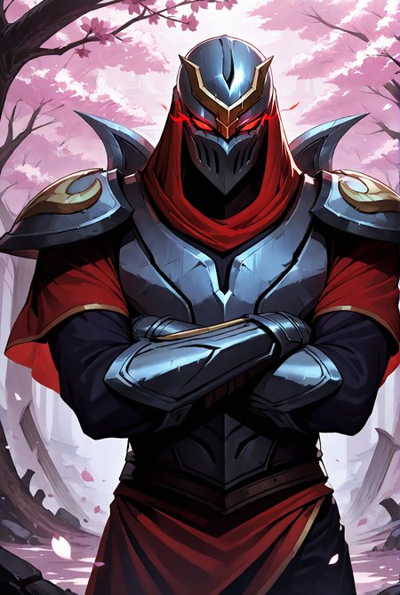 score_9,score_8_up,score_7_up,best quality,ultra-detailed,high resolution,digital painting,8k,1boy,solo,cowboy shot,male focus,detailed face, front view,armor,helmet,red eyes,glowing eyes,gauntlets,pauldrons,standing,crossed arms,cherry blossoms,sakura,<lora:add-detail-xl:1>,<lora:Zed LOL:0.7>,zed lol,