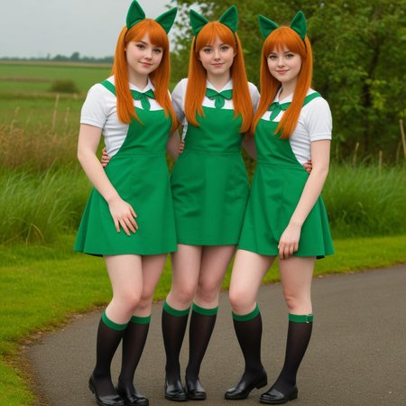 high detail full body photograph, two cute irish foxgirls, 25, round face, slightly chubby build,  cute feet,  tail, <lora:add-detail-xl:1.7> <lora:bralessSDXL_v1_00022:0.8> braless
