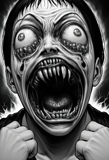Kirby with rage face, open_mouth, rage face, shouting, nightmare fuel, horror, junj11t0, junji ito, monochrome, creepy, manga