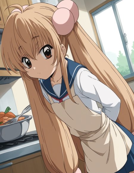 score_9, score_8_up, score_7_up, source_anime, <lora:rin-kokonoe-s1-ponyxl-lora-nochekaiser:1>, rin kokonoe, long hair, brown hair, hair ornament, twintails, brown eyes, very long hair, hair bobbles,, school uniform, serafuku, long sleeves,, kitchen, cooking, apron, cutting vegetables, home cooking, , hands behind back, bent over,, looking at viewer, solo,, dutch angle, cowboy shot