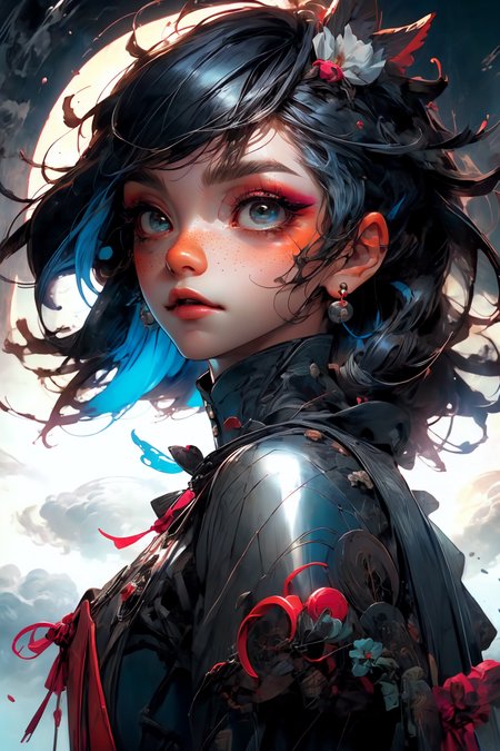 close-up shot, woman, gothic make-up, detailed skin, light freckles, shallow depth of field, OverallDetail
<lora:more_details:0.4>
 <lora:Cosmic anime-oil fusion v2:0.45> 
<lora:AnimeVibesV3:0.3> animevibes, 
<lora:3DMM_V11:0.5> 3DMM 
<lora:midjourney_20230624181825:0.7> midjourney ,
 <lora:LAS:0.5> cloud,colorful,
<lora:msw_locon-t2:0.6>
 <lora:wuxia2:0.6> gu,
 <lora:CyberpunkStyleV1:0.2> PunkAI ,
<lora:CatgirlMaidV1.0-000003:0.35> CatgirlMaid, shiny, shiny hair, shiny skin, shiny clothes