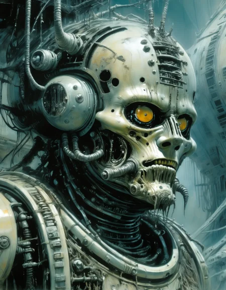 "Close-up, front-facing view of a scavenger, his face reflecting horror, within the chilling confines of a derelict space station. Sharp contrasts, lavishly intricate, drawing from H.R. Giger", surrealism, weird and pissed off, oil on canvas, dry brush, <lora:John Berkey Style:0.9>, John Berkey Style