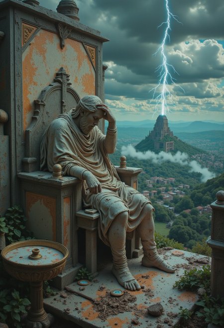 A faded, dystopian depiction of Zeus, sitting slumped on a crumbling marble throne. His once-mighty form is draped in a tattered robe, his golden laurel now dull and worn. The sky above is thick with storm clouds, but the lightning in his grasp flickers weakly, a fading echo of past glory. The ruins of Olympus stretch behind him, overgrown and forgotten. His gaze is heavy, lost in thoughts of a world that no longer worships him. The scene is desaturated, melancholic, with a painterly texture that evokes the passage of time and the decay of power..ethdysty, neon-mist, detailed city