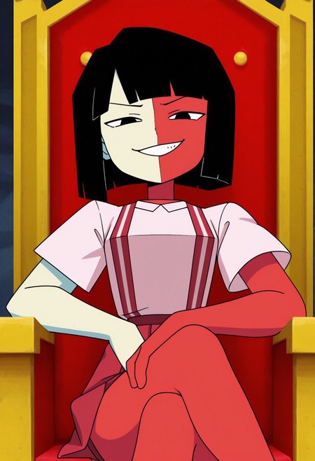 solo, ENADB, two-tone skin, short hair, black hair, half shot, anime, red skin, pale yellow skin, looking at viewer, grin, smug, sitting, throne