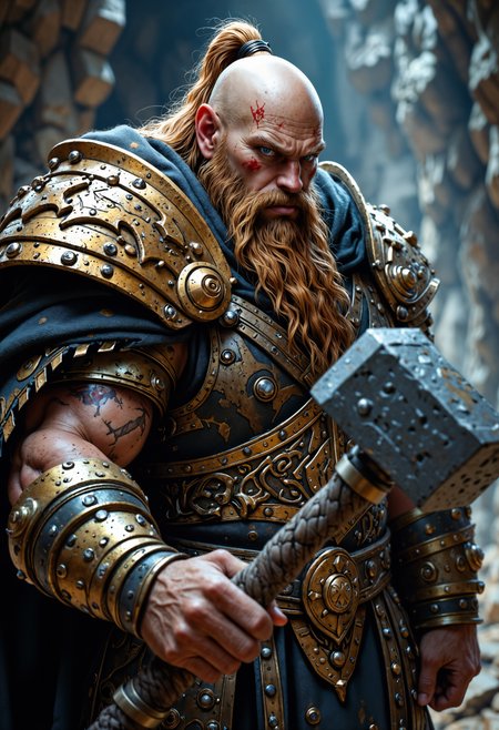 A rugged dwarf king, wielding the mighty hammer of thunder, Mjolnir, with a long brown beard, bald head, scarred face, and adorned in golden armor, stands resolute in an underground dwarven mine. This striking portrait captures the essence of strength and resilience amidst the harsh depths of the earth. The image showcasing the intricate design of the king's armor and the intricate features of his weathered face. aidmaMJ6.1