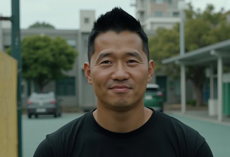 (((The man whose face is htkangface is standing alone))), (((solo))), east Asian face, daddy, natural face expression,   Photorealistic, realistic, masterpiece, intricate details, detailed background, depth of field, photo of a handsome, dynamic pose, natural face expression, high detail, high quality, Movie Still, Film Still, Cinematic, Cinematic Shot, Cinematic Lighting, ring, (((pectoral))), (((virility))),  4k, highly detailed . 35mm photograph, film, masterpiece, 4k,professional, 4k, highly detailed,  ((big remarkable nipples)), (((covered nipples))), ((huge nipples)),(((sweaty))),  (((in playground))),   (((wearing black tshirt and pants))),  sweaty, Showing off muscle, close up portrait, The man looks horney