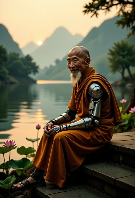 As the sun's first rays touch the horizon, an elderly Asian monk, his body toned yet gaunt, sits on weathered stone steps by a serene lake. His balding head and soft smile exude a sense of inner peace, wearing a stillsuit with an extremely tattered saffron cloak, draped over his shoulders, reflect the morning's warmth. The monk's upper body features Biopunk limbs with organic tissue grafts, vein-like patterns melding flesh and metal mechanical_arms, a fusion of technology and spirituality, suggesting a unique journey of self-discovery. Lotus flowers bloom around him, their delicate beauty contrasting the rugged mechanical enhancements. In the distance, misty mountains rise, their peaks bathed in warm golden light filtering through the trees, creating an ethereal atmospheric perspective (rim lighting from below). This scene captures a moment of tranquility, where technology and nature coexist, and the monk's journey becomes a testament to the beauty of self-transformation into a futuristic realm.  <lora:flux_trainer/stillsuit_v133_rank64_bf16:1.0> <lora:flux/aidmaImageUpgrader-FLUX-V0.2:1>, aidmaimageupgrader,  <lora:flux/Magic of Art  2  (FLUX):1>, Cinematic style, Chiaroscuro, <lora:flux/Herbst_Photo_35mm v2:1>, herbstphoto, outdoors,