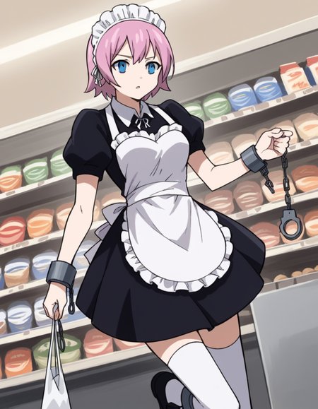 score_9, score_8_up, score_7_up, source_anime, <lora:fairytail-virgo-s7-ponyxl-lora-nochekaiser:1>,, maid virgo, short hair, bangs, blue eyes, pink hair, thighhighs, dress, short sleeves, shoes, puffy sleeves, black footwear, apron, black dress, white thighhighs, puffy short sleeves, zettai ryouiki, maid, maid headdress, white apron, maid apron, cuffs, enmaided, handcuffs,, grocery store, cashier, shopping bag, scanning items, small talk, everyday routine, , , hand with fingers spread out, solo,, cowboy shot, dutch angle