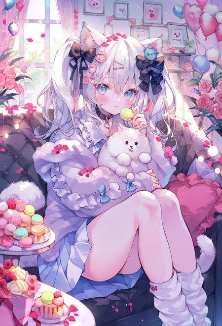 score_9, score_8_up, score_7_up, score_6_up <lora:oninekoXL_P6_lokr_V43P1:0.95>  1girl, animal ears, blue eyes, hair ornament, white hair, skirt, food, looking at viewer, solo, sitting, collar, long hair, flower, window, socks, indoors, pleated skirt, hairclip, long sleeves, bow, tail, blush, shirt, hair bow, cat ears, stuffed toy, animal ear fluff, closed mouth, macaron, pink flower, ribbon, hair between eyes, holding, heart, rose, white socks, twintails, balloon, white skirt, petals, loose socks, couch, frills, hair ribbon, curtains, jacket