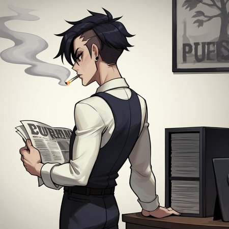 a businessman reading a newspaper in an office workplace, standing while resting his back on the side, back agaisnt a wall, side view, punk hair, smoking a cigarette
 <lora:Lab-Zero-game_Lora(PonyXL)captions2-000010:1.0>, anime artwork in lzg style, score_9, score_8_up, score_7_up, score_6_up, score_5_up, score_4_up
