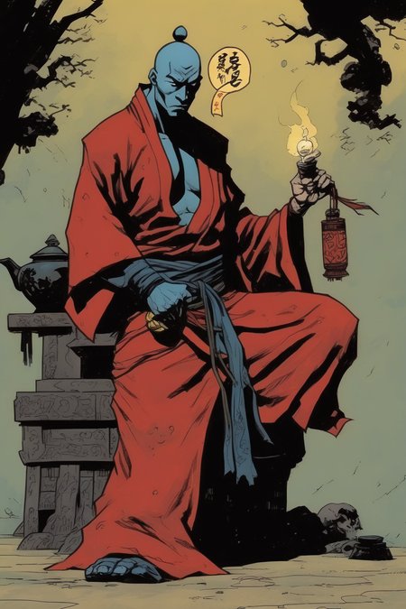 <lora:Mike Mignola Style:1>Mike Mignola Style - Shaolin monk mystic 22 years old comic page mike mignola style