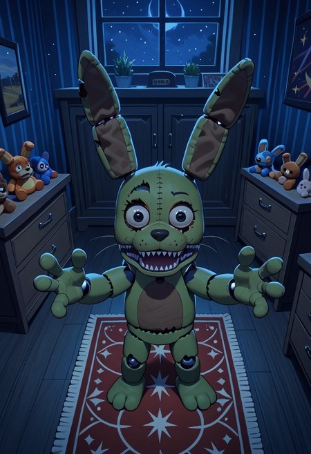 score_9, score_8_up, score_7_up, solo male, from above, high-angle view, pov, PlushtrapFNAF, rabbit ears, scut tail, teeth, sharp teeth, wear and tear, green skin, petite, barefoot, 4 fingers, perfect hands, (large head:1.1), shortstack, small body, sharp teeth, fuzzy, plush body, seam \(sewing\), stitch \(sewing\), animatronic, glowing eyes, crooked whiskers, ragged, withered, 
masterpiece, detailed face, looking at viewer, smile, open mouth, nervous, knock-kneed, cocked head, zPDXL3, dark house, inside, nighttime, night, raised arms, hands up, reaching towards viewer, bedroom, carpet, chair, standing, living plushie, detailed background, dutch angle, spooky, perspective