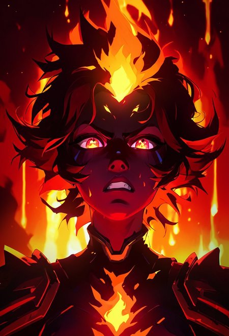 score_9, score_8_up, score_7_up, TKMND, ARKN2, volumetric lighting, portrait, face focus, cel shading, face adorned with ARKN2, NLSTN, glowing, dark, shadows, 
BREAK
1girl, short hair, red pupils, fire mage, fiery hair, messy hair, dark red hair, leotard, gold patterns on leotard, angry face, sparkling eyes, arcane energy, lava dripping down face, dripping lava, flames in background, flames accentuates features,