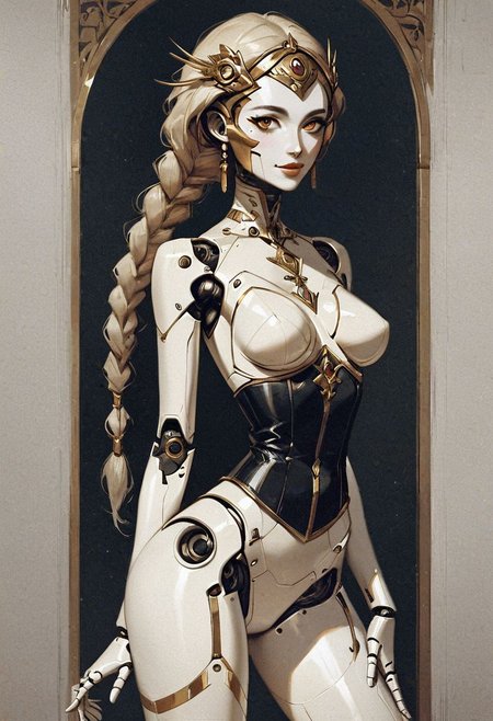 score_9, score_8_up, score_7_up, robot girl, ((robot body)), young face, beautiful,proud, medium breasts, (big lips:0.6), dark metal body, perfect skinny ass, (thighs gap), legs wide spread, black corset and skirt, gold accents, rim lighting, long braided ponytail, solo, xenotr1p