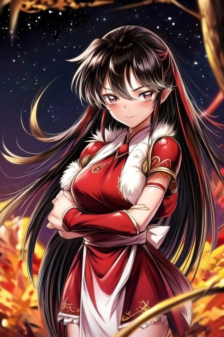 best quality 1girl Setsun4 solo long hair,  (night time) forest background black hair very long hair purple eyes multicolored hair armor, small, (fur trim) (medium body),<lora:EMS-179-EMS:0.800000>,<lora:EMS-293862-EMS:0.800000> bow, hair_bow, hair_tubes, red_bow, brown_hair, long_hair, bangs, ascot, frilled_bow, yellow_ascot, blush, smile, hair_between_eyes, athletic, armor, miko, ,(((intricate outfit,intricate clothes,embroidered outfit,ornate outfit,embroidered clothes,ornate clothes))), strengthmda, crossed arms,