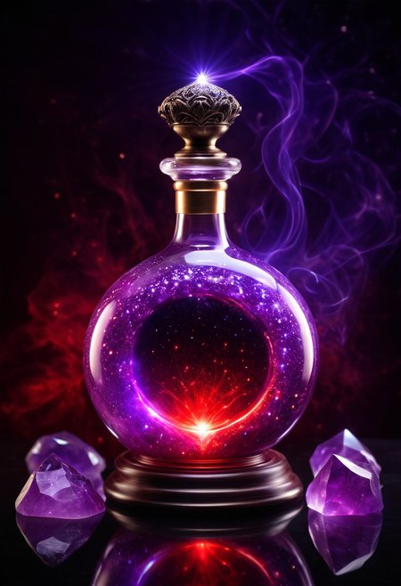Score_9, Score_8, high_def, highest quality, 4k, best quality, masterpiece, focused, defined, Photorealistic magic potion, intricate glass bottle, elixir, bright red and purple colors, ethereal light, wax seal, flashy lights, magic lights, luminous, dynamic reflections, magical aura, highly detailed, fantasy essence, glowing particles, radiant aura, made of sparkling amethyst crystals