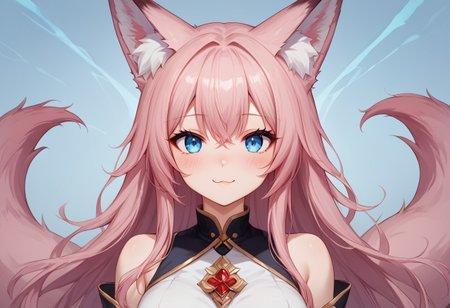 (masterpiece), (best quality), source_anime+, perfect anatomy, HD, 10k res, digital_media_(artwork) hi_res, intricate, high quality, amazing quality, Expressive Face, 
A fox girl with long pink hair and blue eyes, Drestoria-Style_V1, semi-realism, nose, Zyrnox-Exoterra Style
