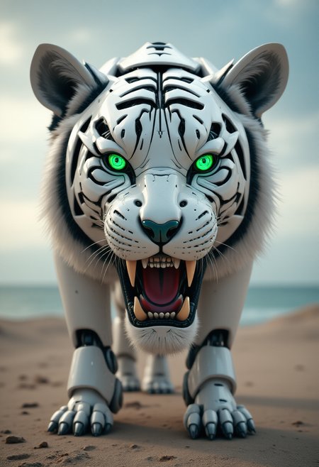 Robo, Robotic, Tiger,  Saturated beach in background, shallow depth of field, atmospheric perspective, award winning, set logical ambient background, stunning detail, pure, polished, dynamic, holy, fine detail, dynamic dramatic composition, ambient, <lora:FluxRoboStyle:1>