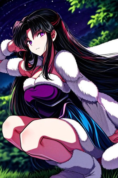 masterpiece,  best quality 1girl Setsun4 solo long hair,  (night time) forest background black hair very long hair purple eyes multicolored hair armor (fur trim) (medium body),<lora:EMS-179-EMS:0.800000>,<lora:EMS-293862-EMS:0.800000> cleavage, bracers, cape, fur boots