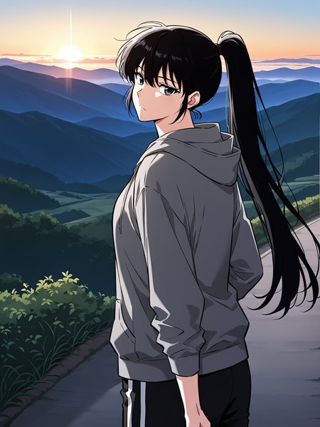 <lora:Omniscient_Readers_Viewpoint__Lee_Jihye:1>
1girl, solo, long hair, black hair, tied hair, high ponytail, black eyes, messy bangs, 
gray hoodie, black t shirt, black track pants, white stripe pants, white sneakers, modern clothing, 
score_9, score_8_up, score_7_up, source anime, BREAK, cowboy shot, (from side), looking back, looking at viewer, overlooking mountain, high altitude, scenery, exterior, background
