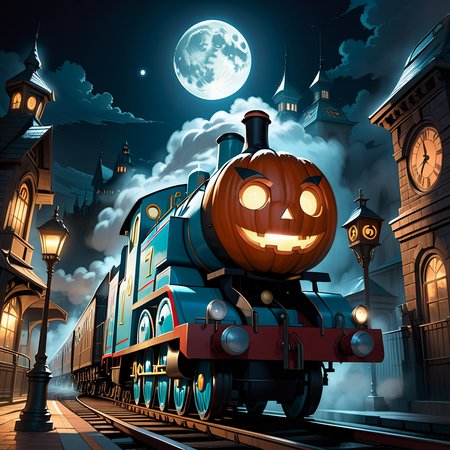 score_9, score_8_up, score_7_up, masterpiece, intricated details, concept art, dark fairy tale, steampunk style,low angle shot,  thomas the train nightmare, foggy, night railway station, train inspired by thomas the train, thomas the train staring and grinning at viewer, full moon, clear cloud, vividly lit street lamp, (thomas the train Jack-O'-Lantern:1.5), <lora:add-detail-xl:0.75>,  <lora:zavy-cntrst-sdxl:1>