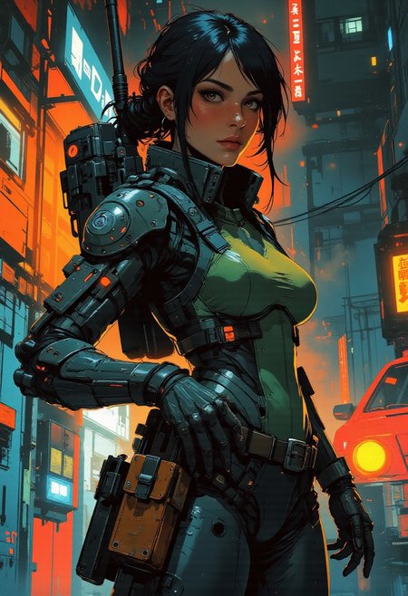magnificent, closeup portrait, female bounty hunter, braided black hair, futuristic armor, battlesuit, mechanical armor, sleek armor, sexy, curvy, large breasts, large ass, aiming a sniper rifle, sniper rifle, aiming rifle, holstered pistol, Cyberpunk City, Neon Lights, foreshortening,
solo, 
Cowboy Shot, close up, from above,