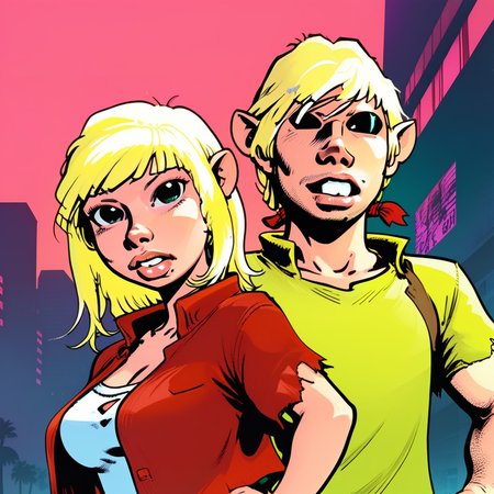 GTA-style artwork szninkiel Gwel girl and boy Jon <lora:szninkiel:1>  . Satirical, exaggerated, pop art style, vibrant colors, iconic characters, action-packed