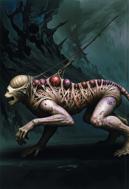MikeFranchinastyle, Surreal art, d4artstyle, d4concept, , made of clay, aidmaMJ6.1, ZBClay model of a gray sculpture, Kentaro Miura, berserk style, H.R. Giger
 a grotesque worm monkey fusion lizard  creature with distorted features wrapped tightly in cloth that digs into its raw, scarred flesh. Its crawling body is elongated, bulging grotesquely under the wire, with unnatural, bulbous tumor-like protrusions along its back side. The skin appears bruised and stretched, marked by deep slashes, evoking an aura of torture.
Its limbs are elongated and sinewy, with bony appendages. The wormlike head is faceless, blending into swollen shoulders, as if struggling to emerge. The color palette includes raw, bruised flesh tones with reds, purples, and browns, emphasizing agony and confinement. Its form and stance depict perpetual suffering.
Background solid color with a faded dimly lit, black-covered darkness tone that emphasizes its silhouette. The medium is not a traditional painting or illustrative medium like watercolor or ink but rather a digital rendering, eerie and unsettling.