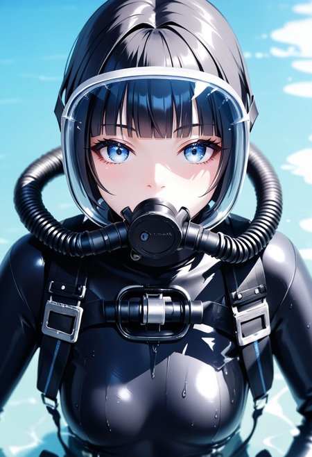 score_9, score_8_up, score_7_up, BREAK,
 white skin, 1girl, hime cut hair, double hose, scuba gear, black wetsuit, black hair, choker, close up, face portrait