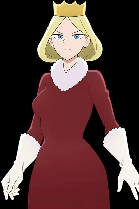 1girl, girl, woman, cartoon girl, blonde hair, bangs, short hair, blue eyes, closed mouth, expressionless, (white gloves:1.4) , fur trim, gold crown, (red bustle dress:1.4), long sleeves, medium breasts, breasts, (arms at sides:1.4), looking at viewer, (extremely detailed CG unity 8k wallpaper), (masterpiece), (best quality), (ultra-detailed), (best illustration), (extremely delicate and beautiful), finely detail, cowboy shot, (white background:1.4), transparent background, (1girl:1.4), (solo:1.4)

<lora:Hilling:0.95>
