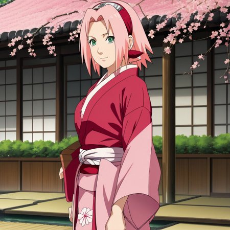 rating:Safe, A hot and sexy picture of Sakura Haruno, flaunting her curves wearing a beautiful pink kimono , standing , full body view , forehead mark , green eyes , cute smile