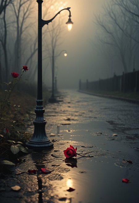 A solitary figure stands beneath a dimly lit streetlamp, rain softly cascading around them, their gaze lost in the distance. The air is thick with longing, as faded love letters scatter at their feet, carried by the wind. Deep shades of crimson, indigo, and charcoal paint the atmosphere with a melancholic glow. A single wilted rose rests in their hand, its petals trembling, mirroring the ache within. Reflections of a past love flicker in the puddles, blurred by time and sorrow. The scene is quiet yet heavy, adorned with subtle symbols of lost affection—an abandoned ring, a distant silhouette dissolving into the mist, echoes of a love that lingers but no longer remains.